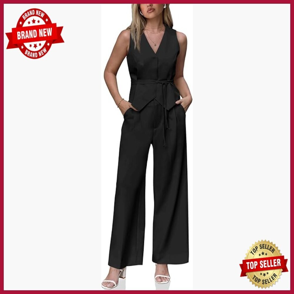 Women's Business Casual 2-Piece Suit Set V-Neck Vest Pleated Wide Leg Pants